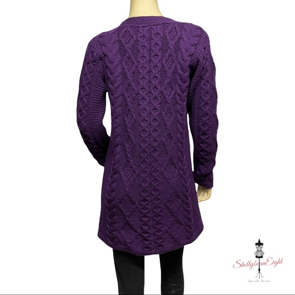 ARAN CRAFTS Merino Wool Chunky Knit Single Button Cardigan Sweater Purple XS S - Picture 8 of 13